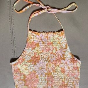 Billabong Pink & Gold Smocked Floral Crop Top